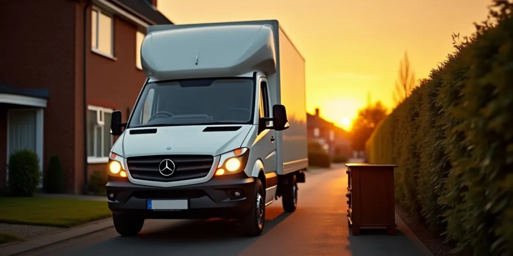 Home 5 A van finishing up and removing unwanted office furniture from outside a house.